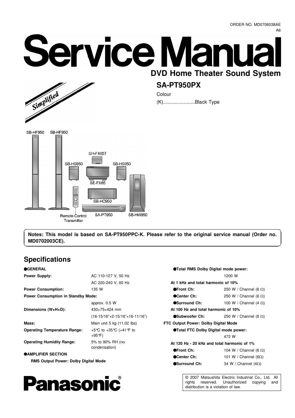 panasonic sa pt 950 px service manual