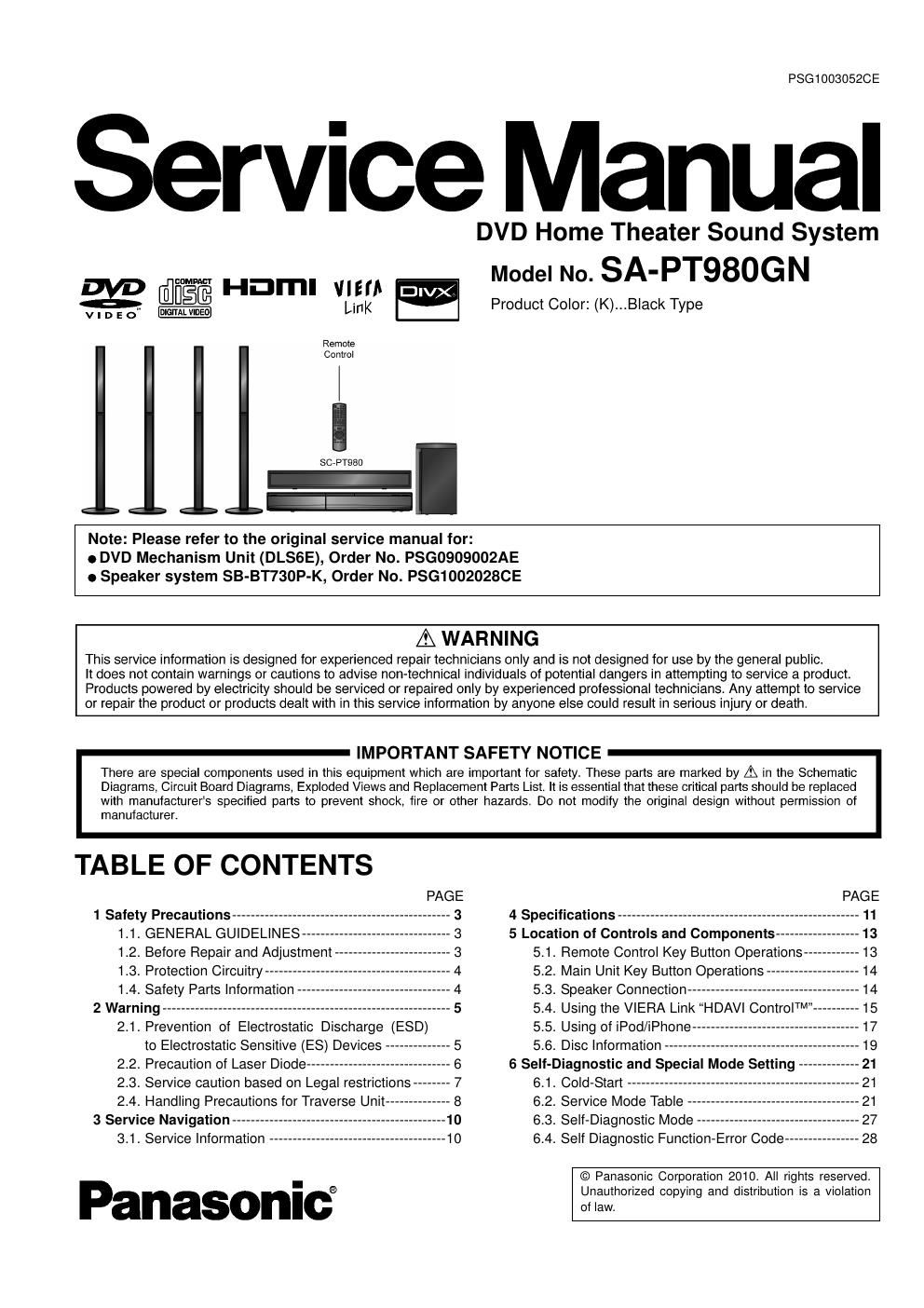 panasonic sa pt 980 gn service manual