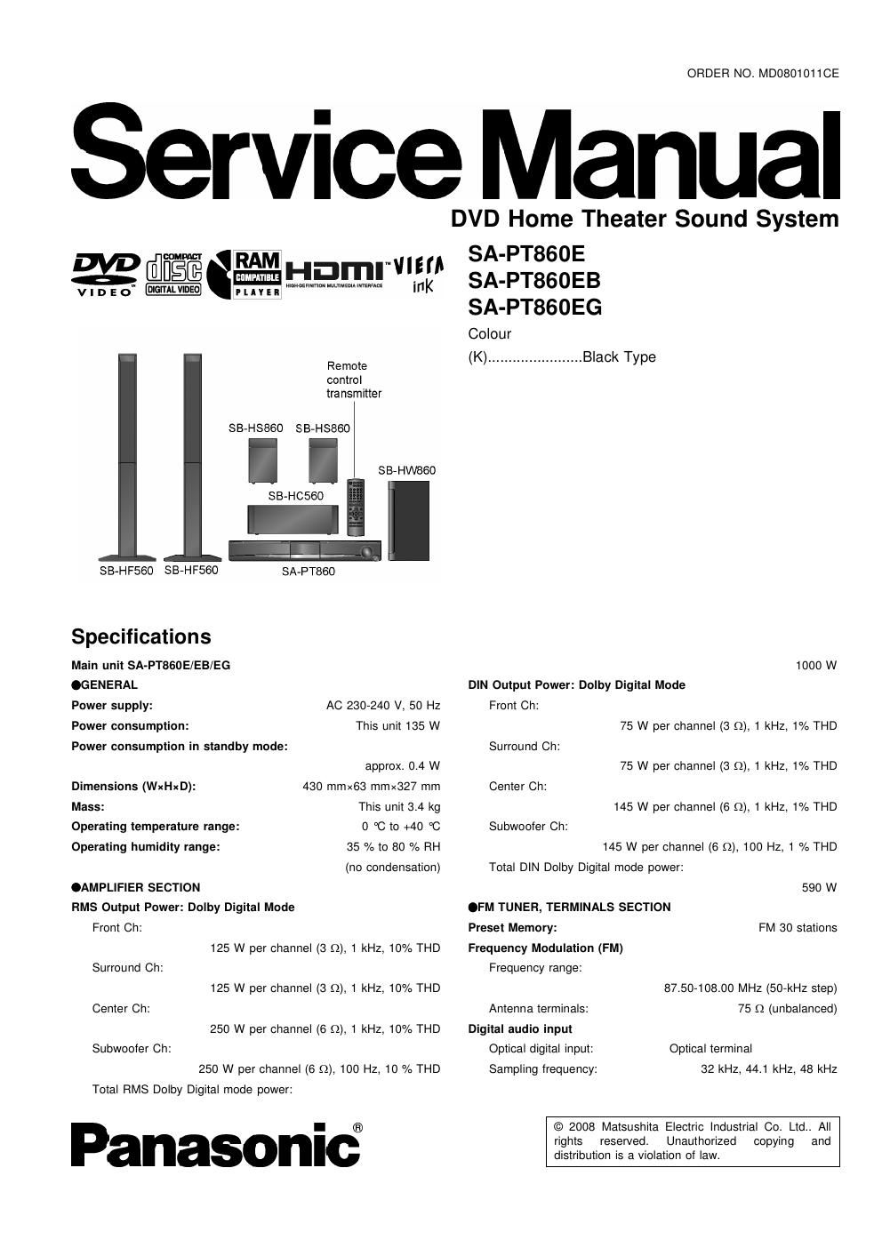 panasonic sa pt860e dvd ht