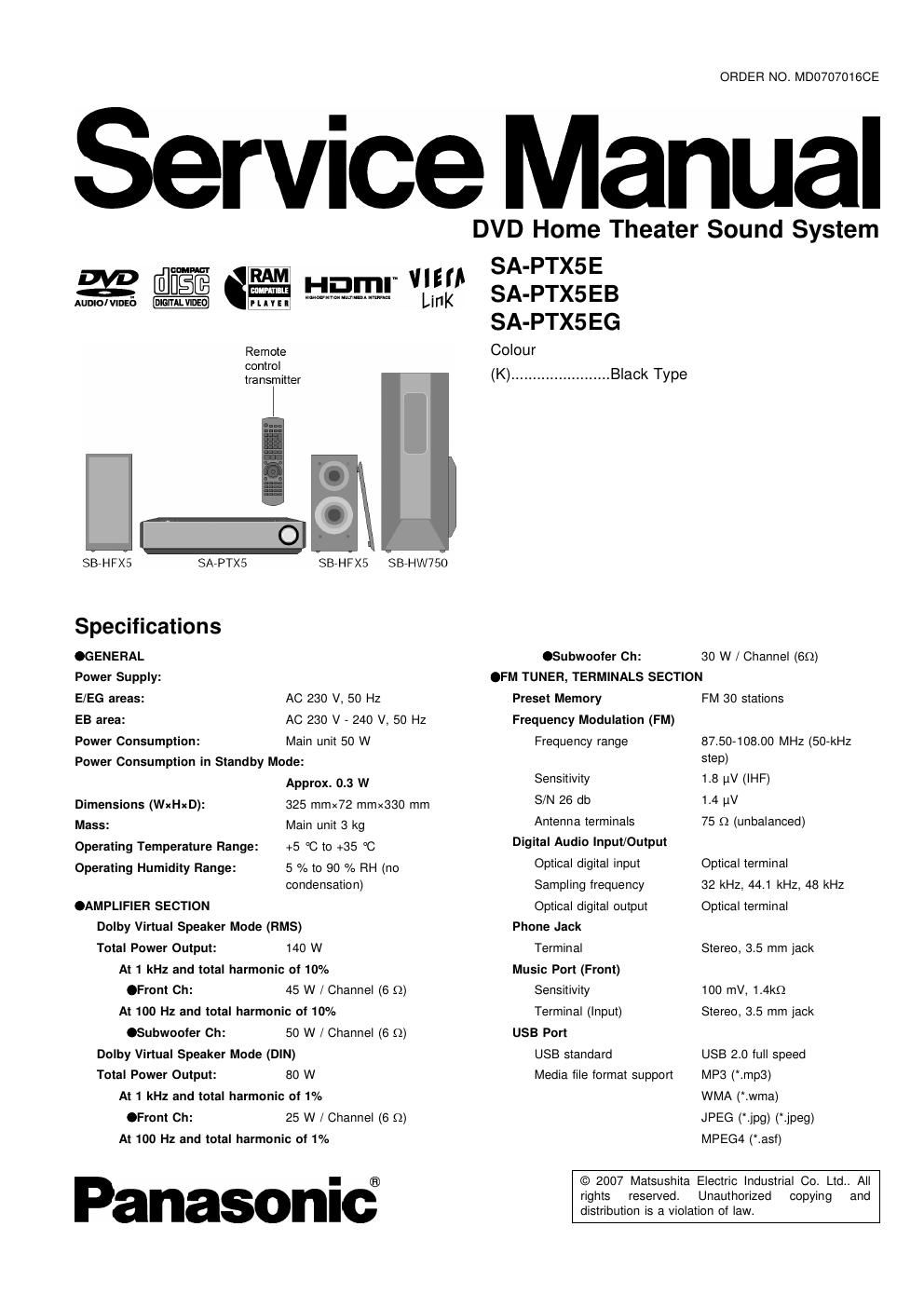 panasonic sa ptx 5 e service manual