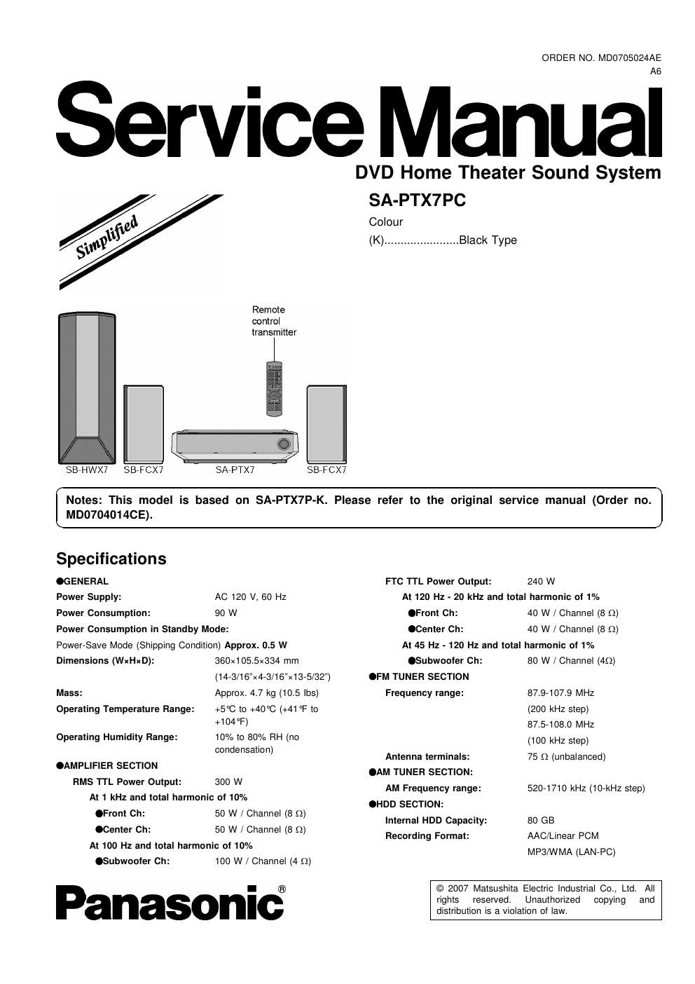 panasonic sa ptx 7 pc service manual