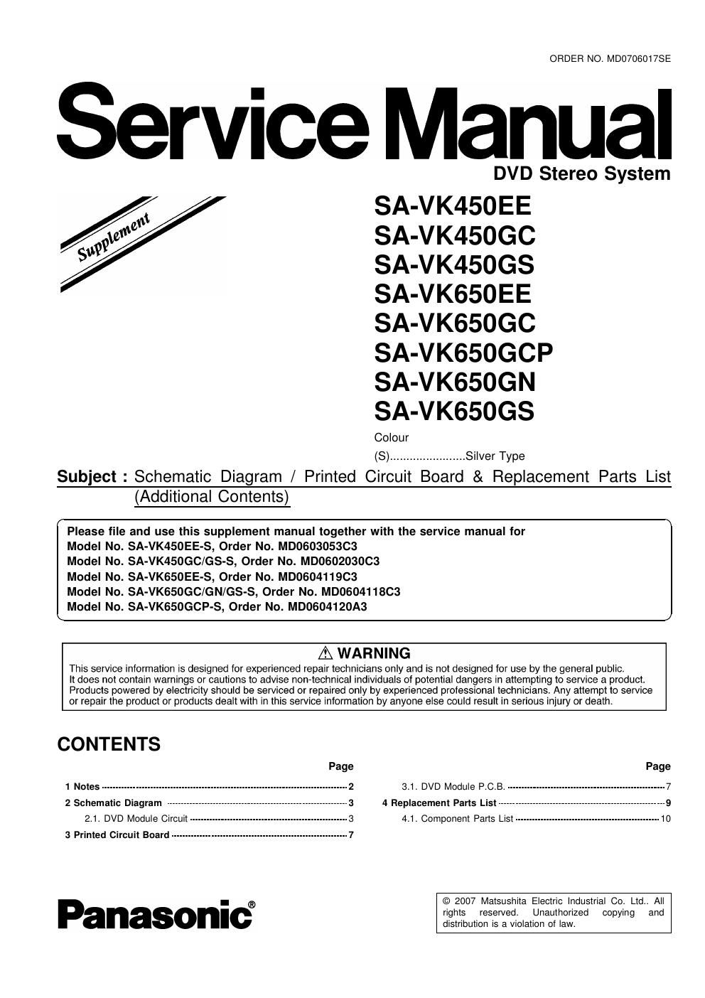 panasonic sa vk 450 gc service manual