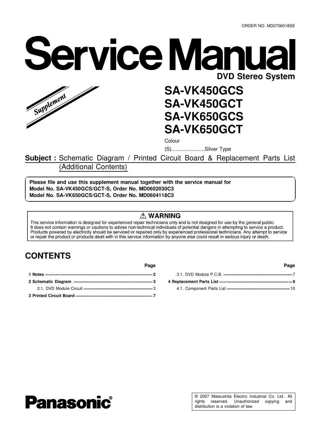 panasonic sa vk 450 gcs service manual