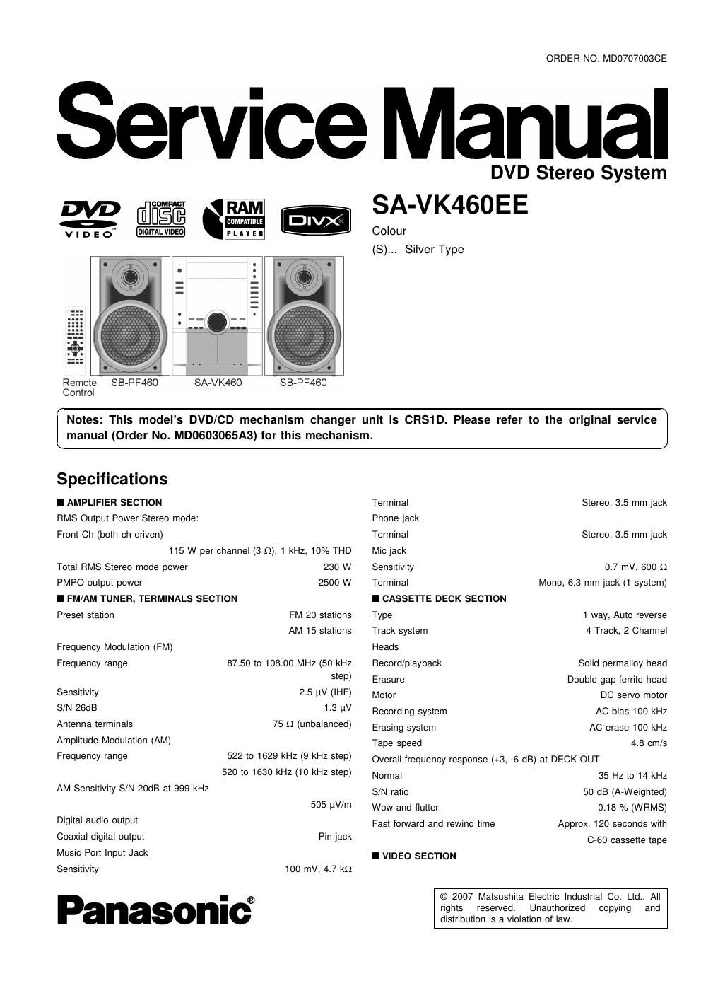 panasonic sa vk 460 ee service manual