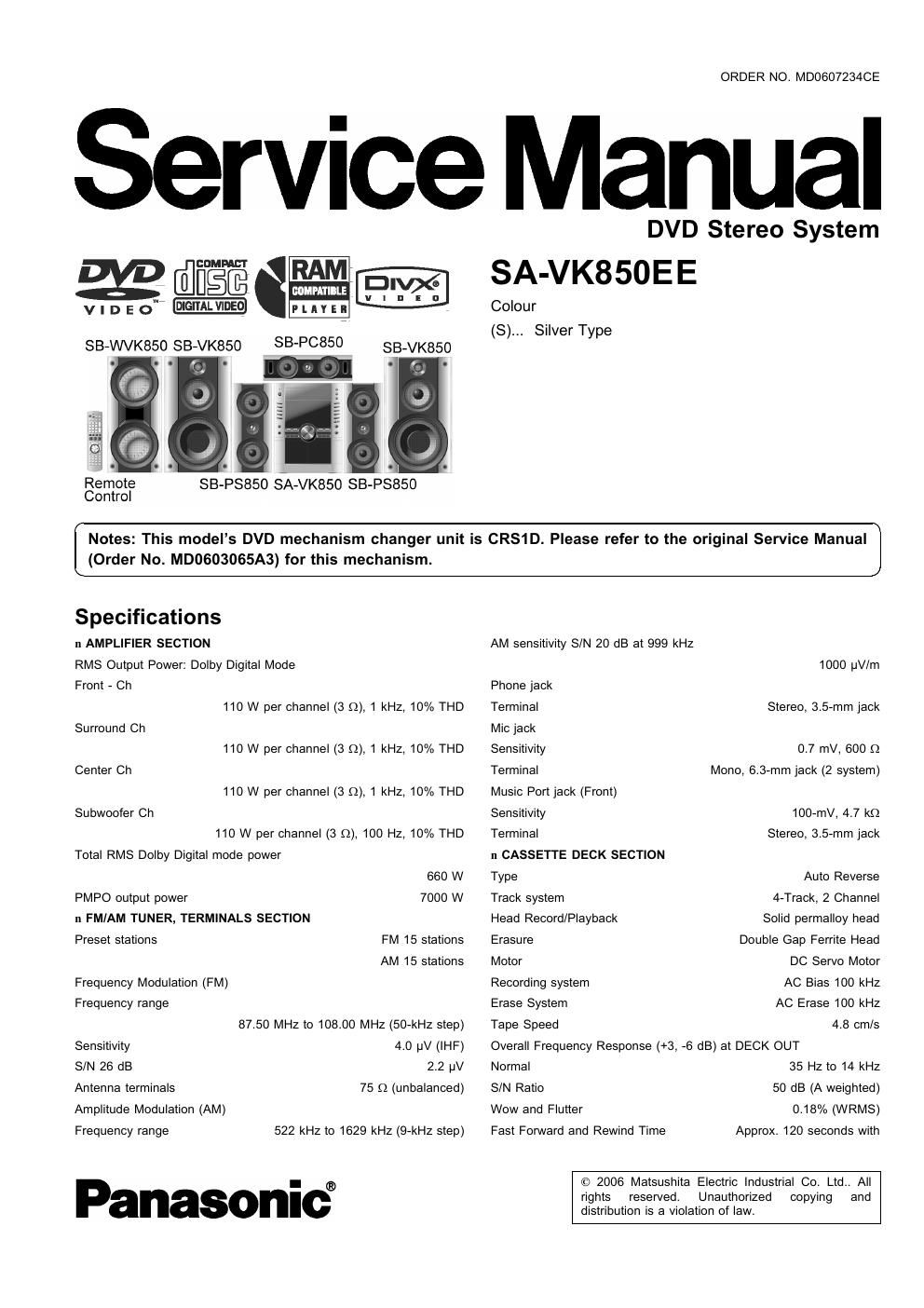 panasonic sa vk 850 ee service manual