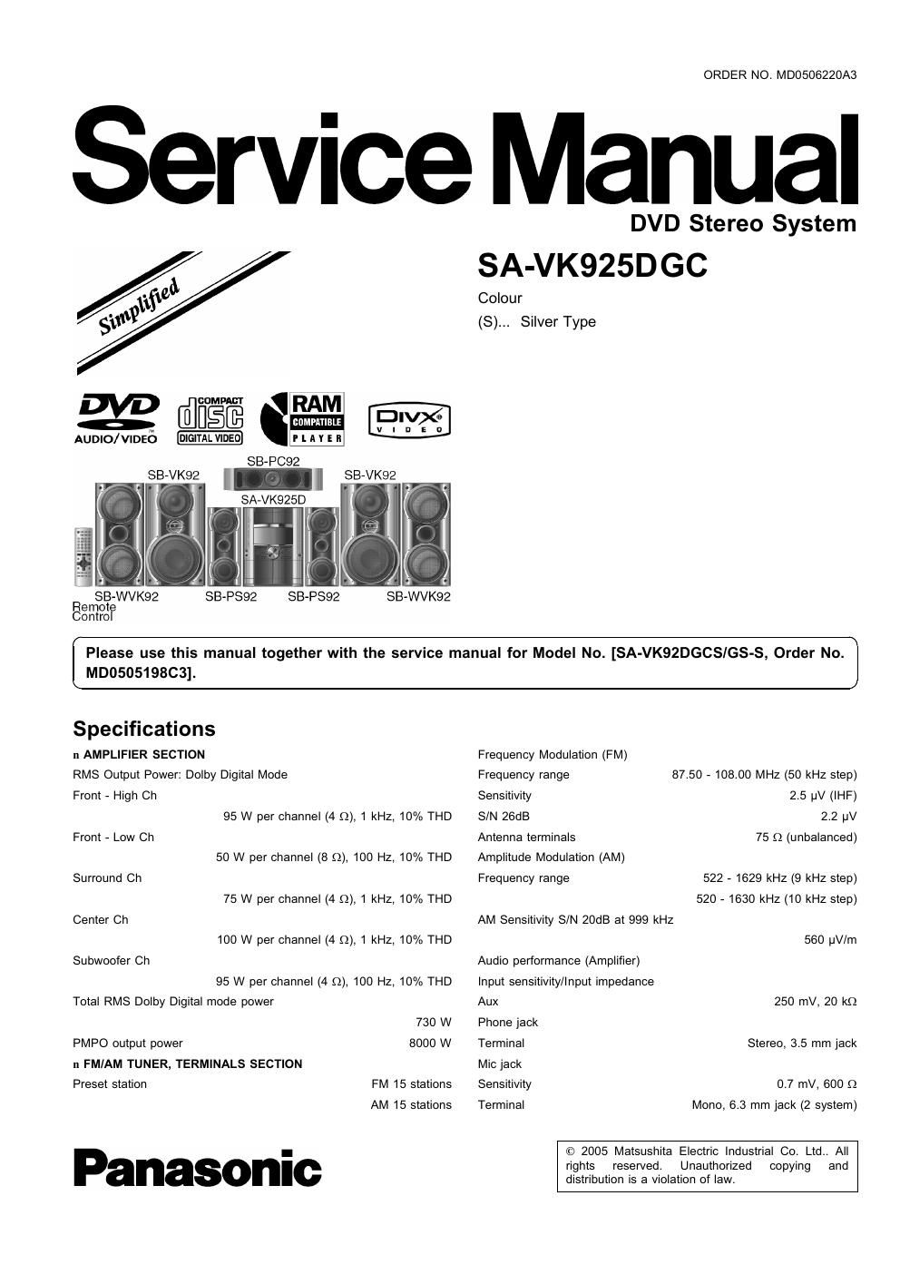 panasonic sa vk 925 dgc service manual