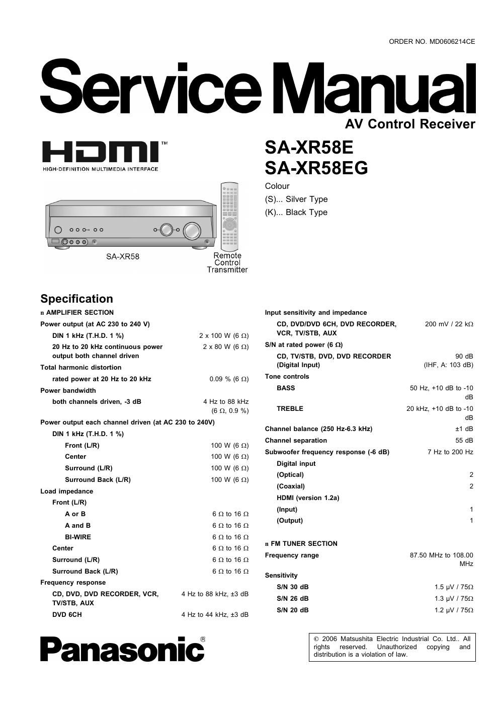 panasonic sa xr 58 e service manual