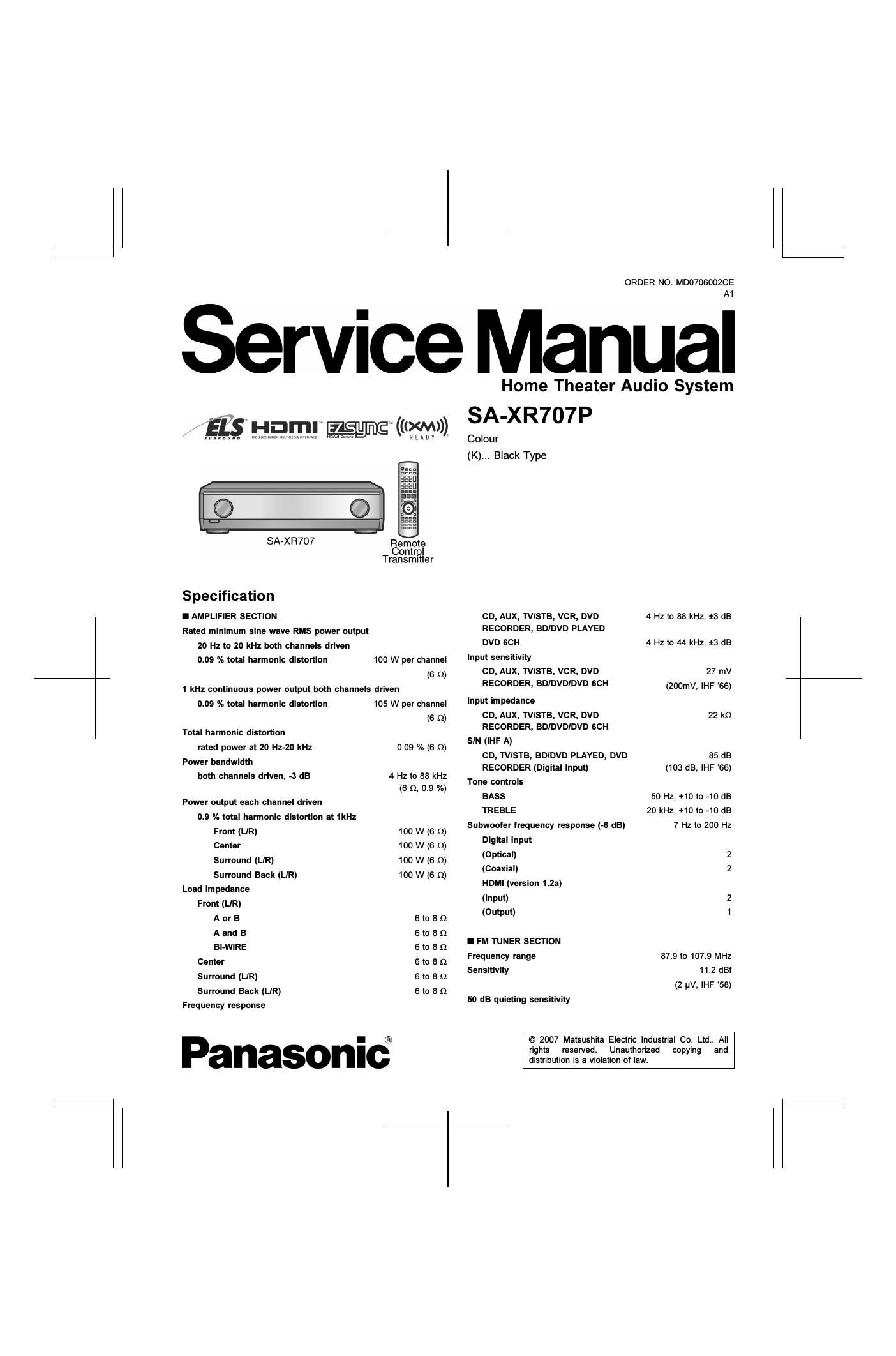 panasonic sa xr 707 p service manual