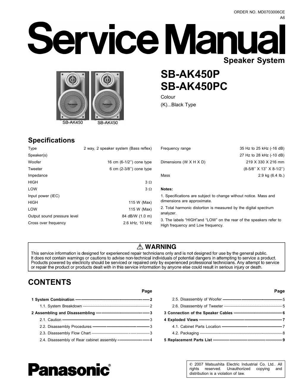 panasonic sb ak 450 p service manual