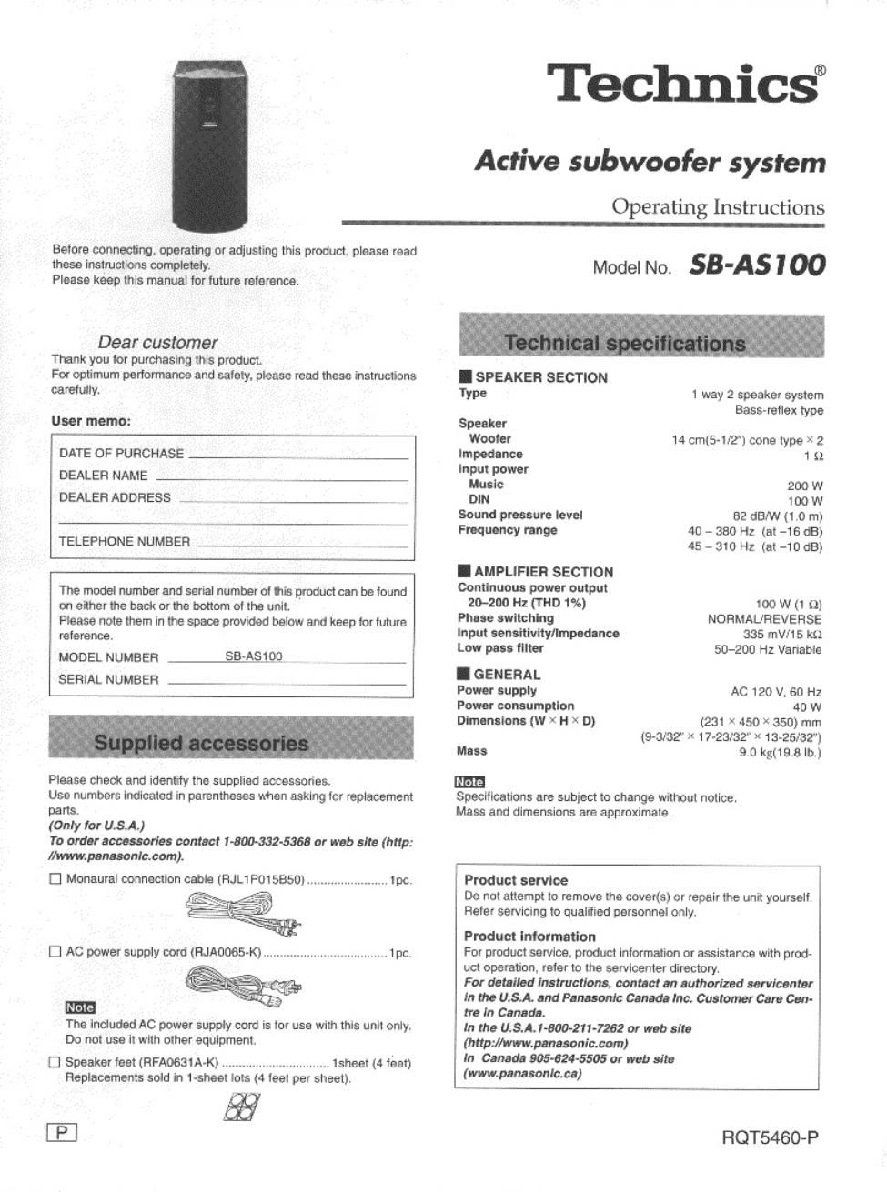 panasonic sb as 100 owners manual