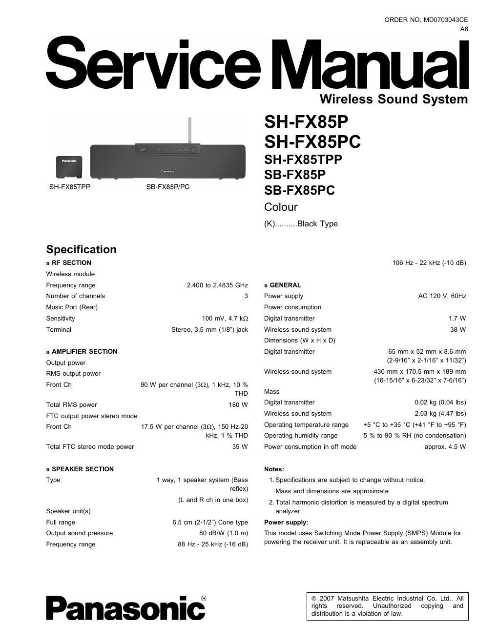 panasonic sb fx 85 p service manual