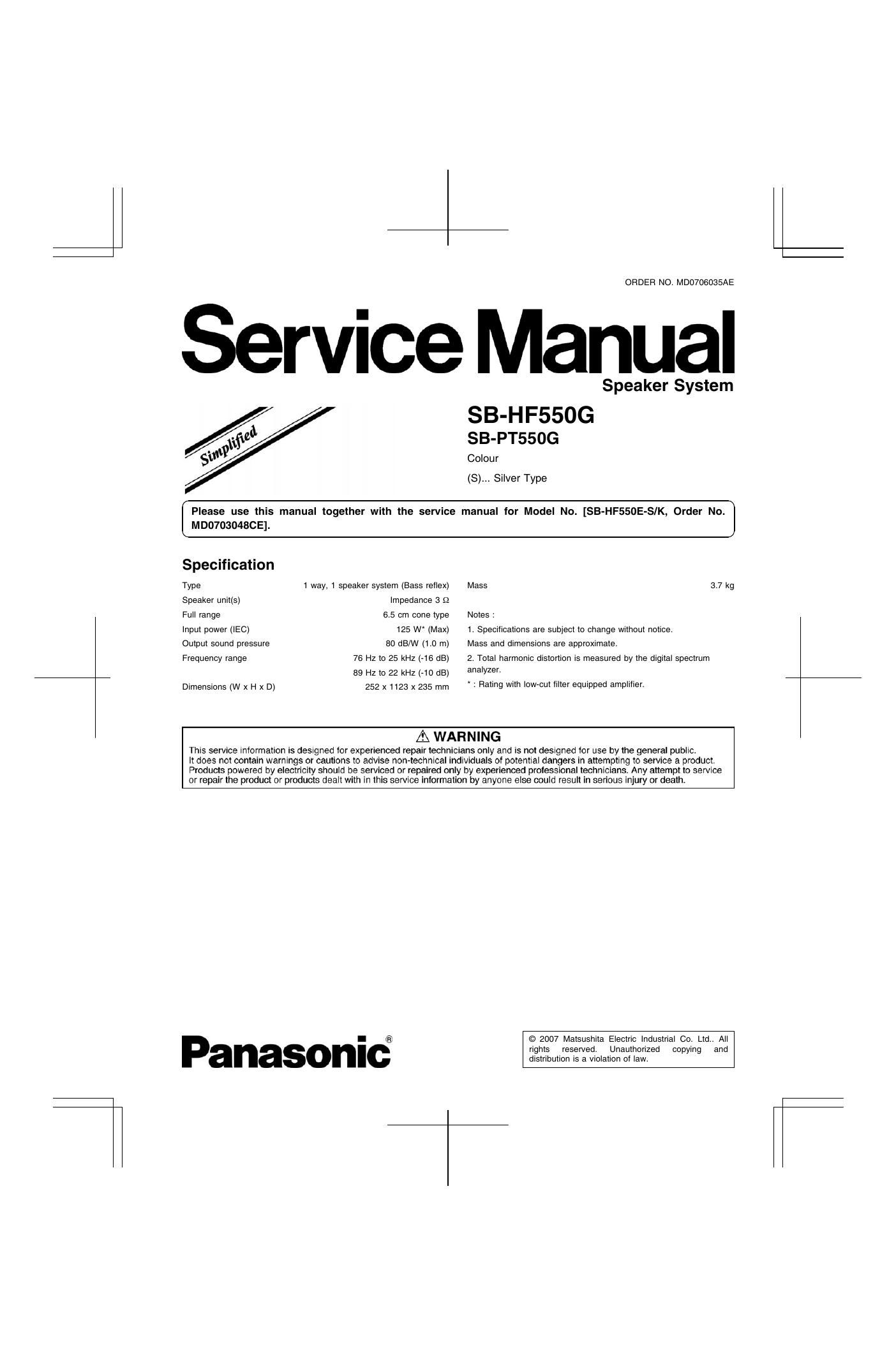panasonic sb hf 550 g service manual