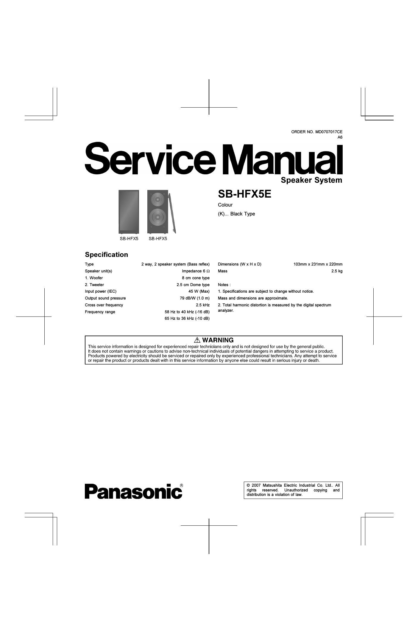 panasonic sb hfx 5 e service manual