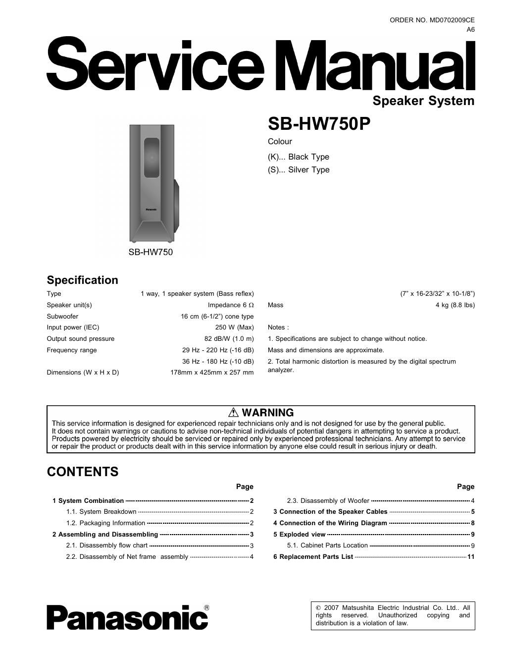 panasonic sb hw 750 p service manual