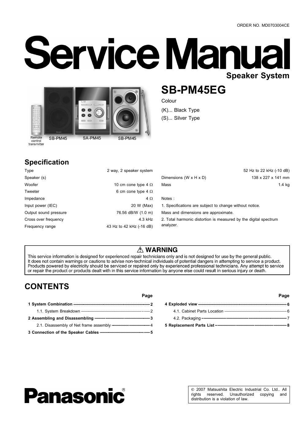 panasonic sb pm 45 eg service manual