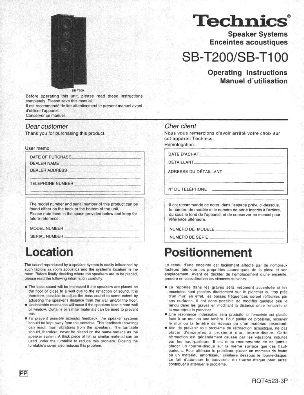 panasonic sb t 100 owners manual