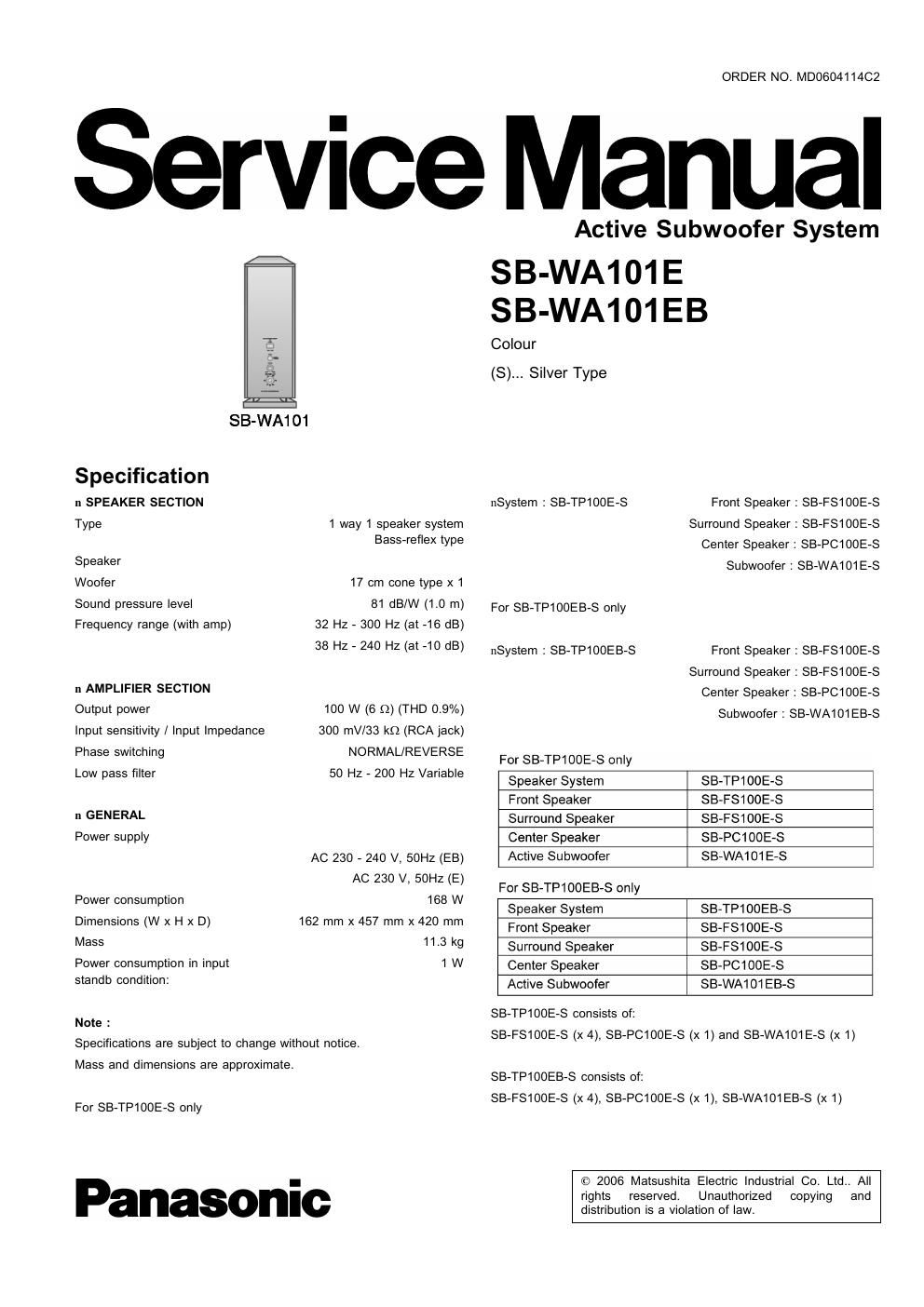 panasonic sb wa 101 e service manual