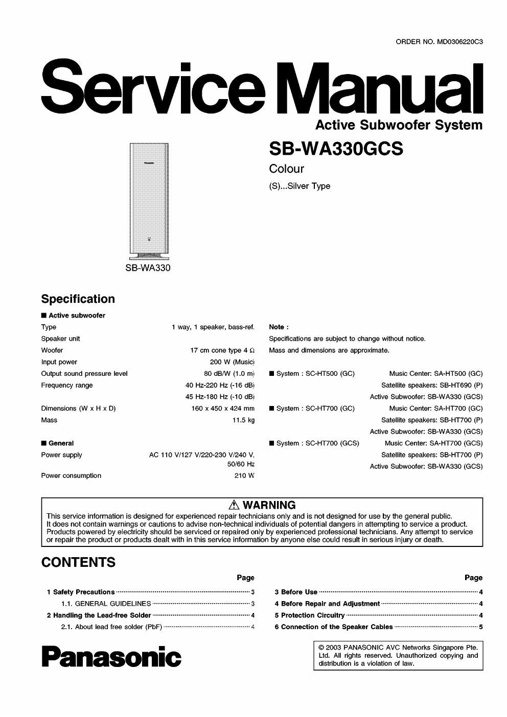 panasonic sb wa 330 gcs service manual