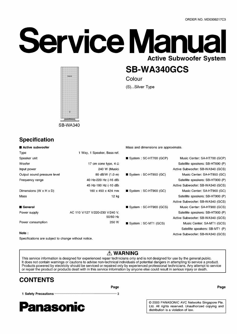 panasonic sb wa 340 gcs service manual