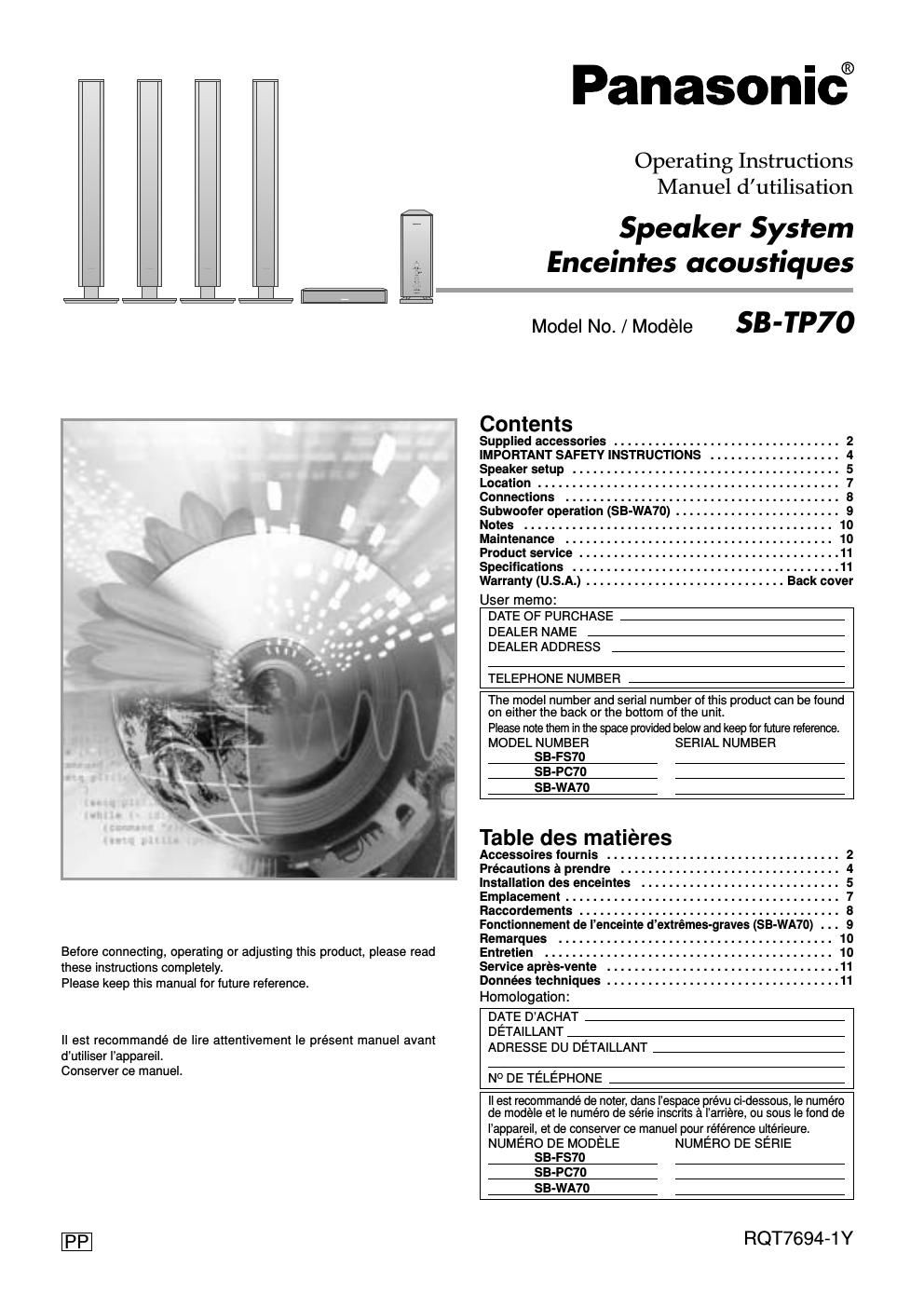 panasonic sb wa 70 owners manual