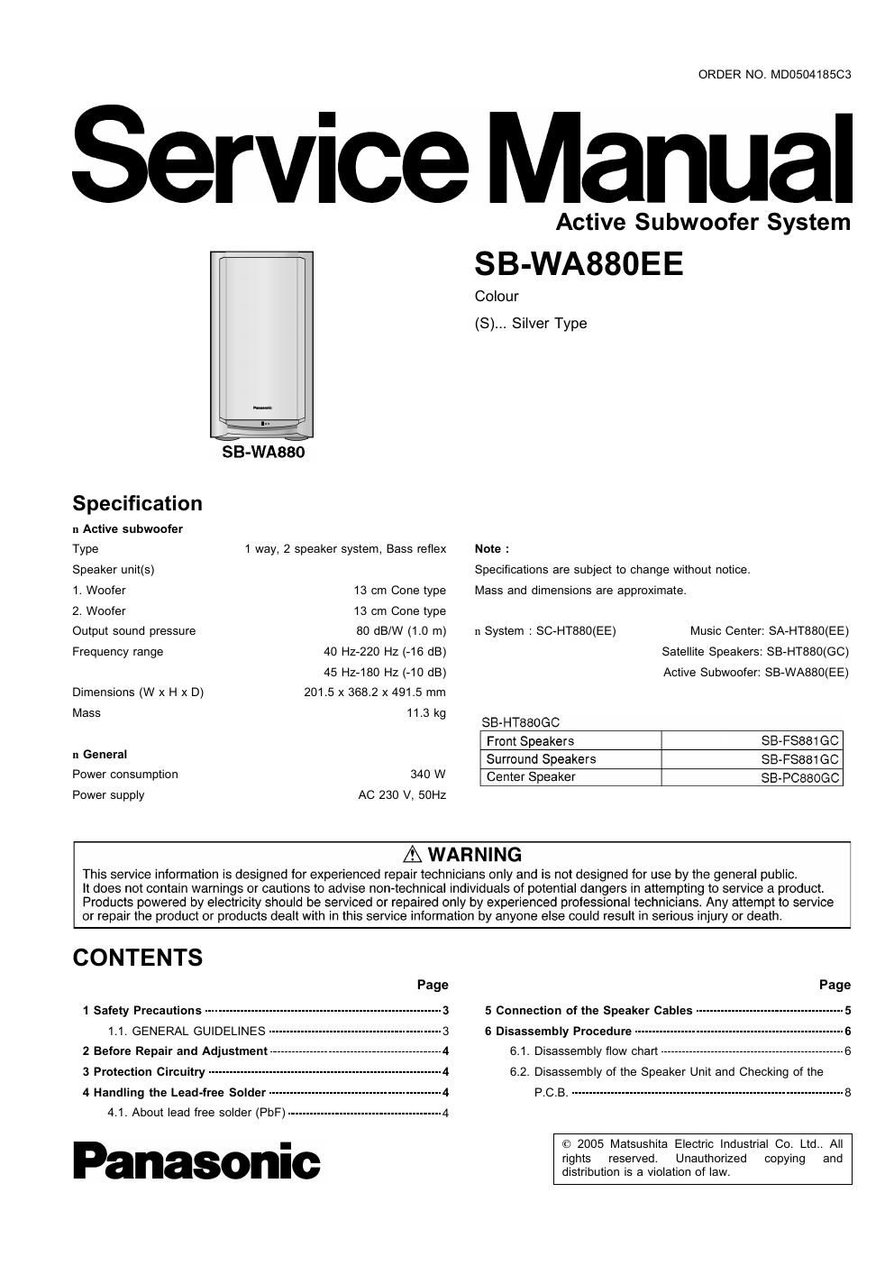 panasonic sb wa 880 ee service manual