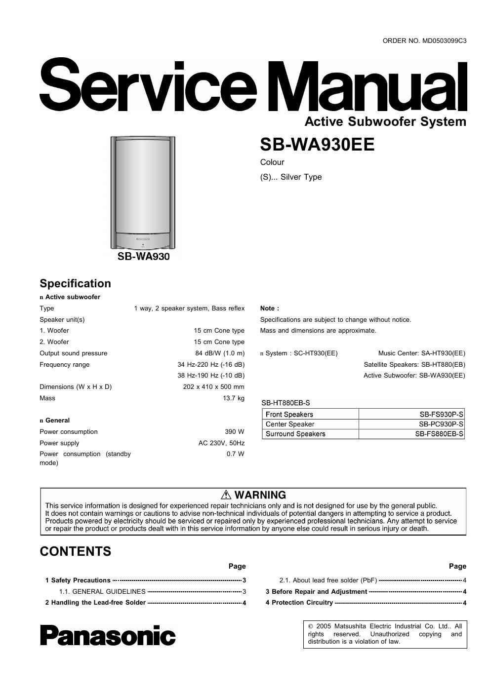 panasonic sb wa 930 ee service manual