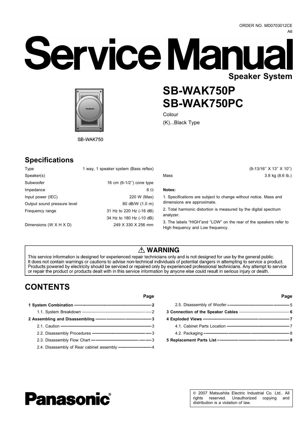 panasonic sb wak 750 p service manual
