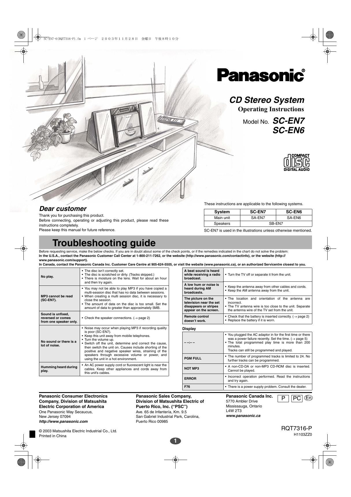 panasonic sc en 7 owners manual