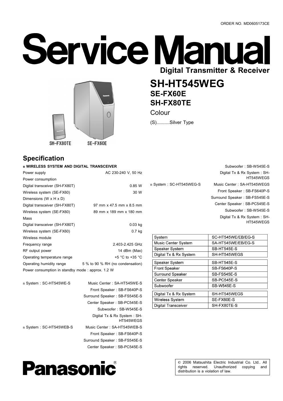 panasonic se fx 60 te service manual