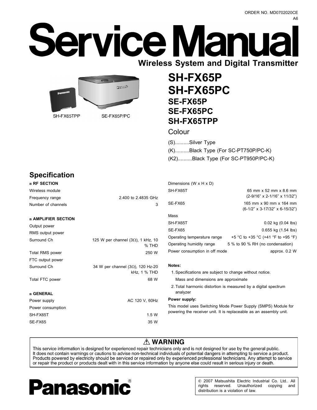 panasonic se fx 65 p service manual