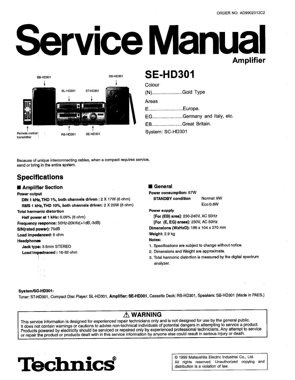 panasonic se hd 301 service manual