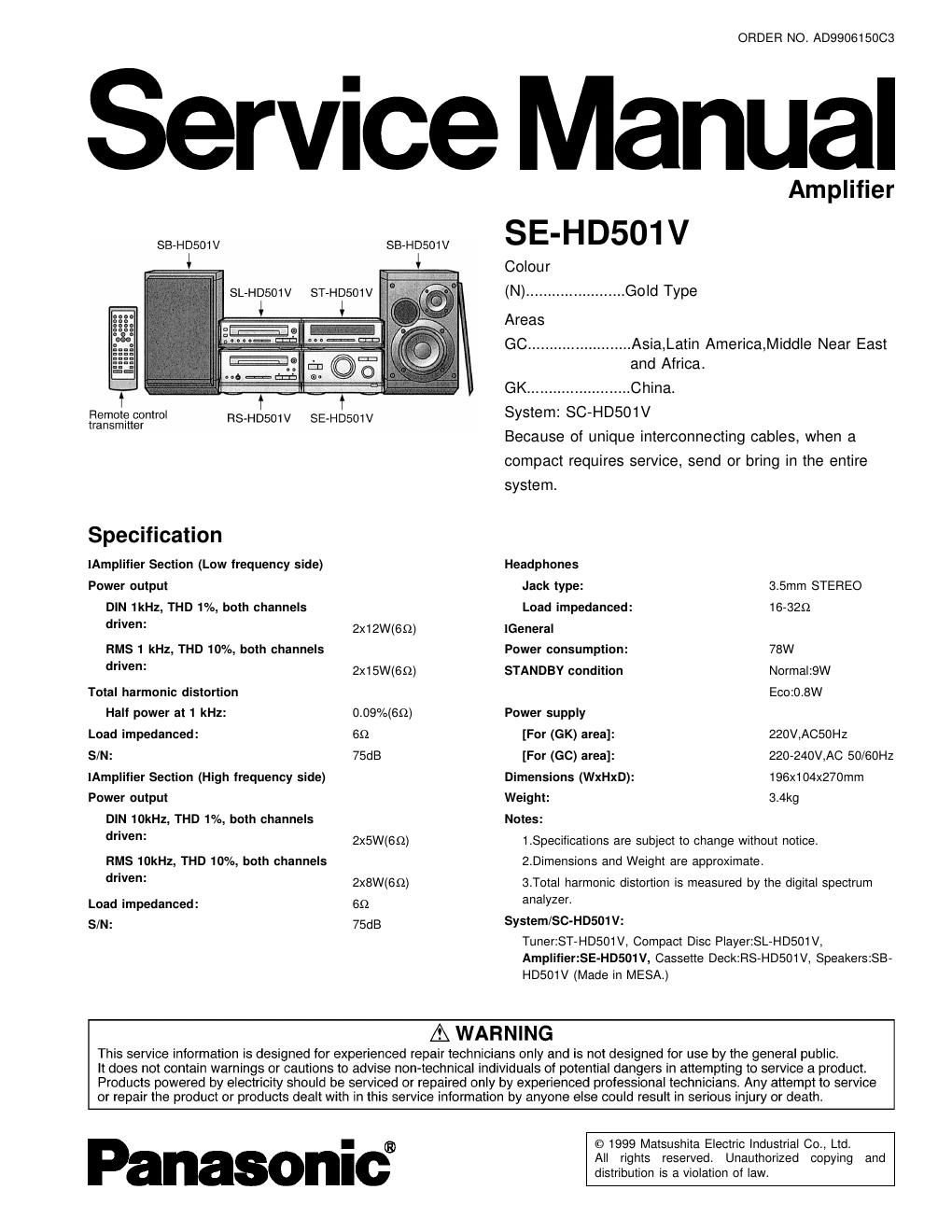 panasonic se hd 501 v service manual