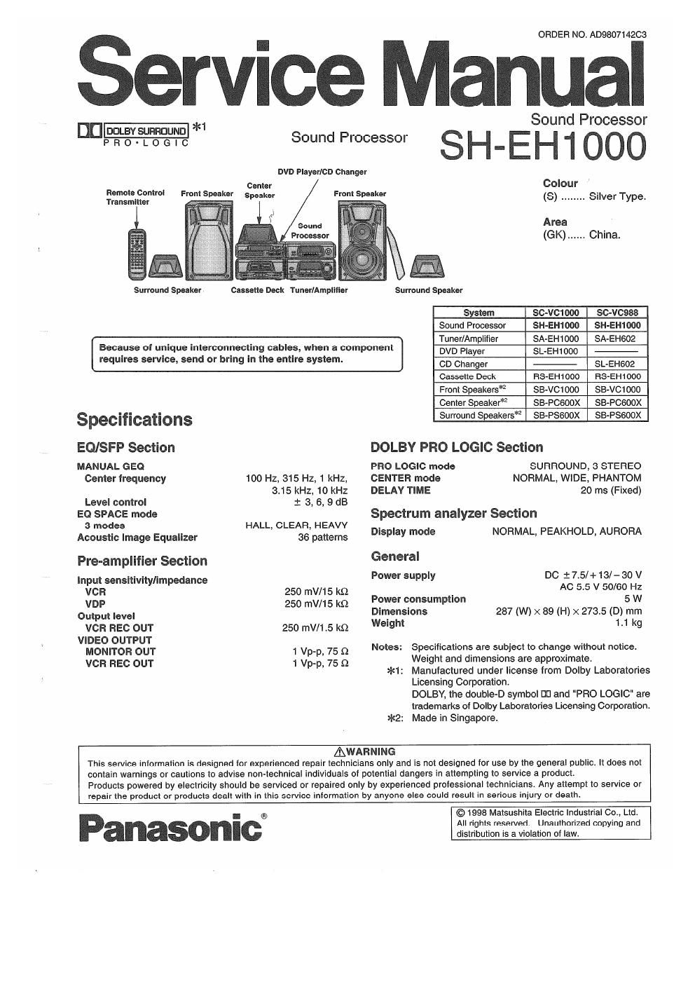 panasonic sh eh 1000 service manual