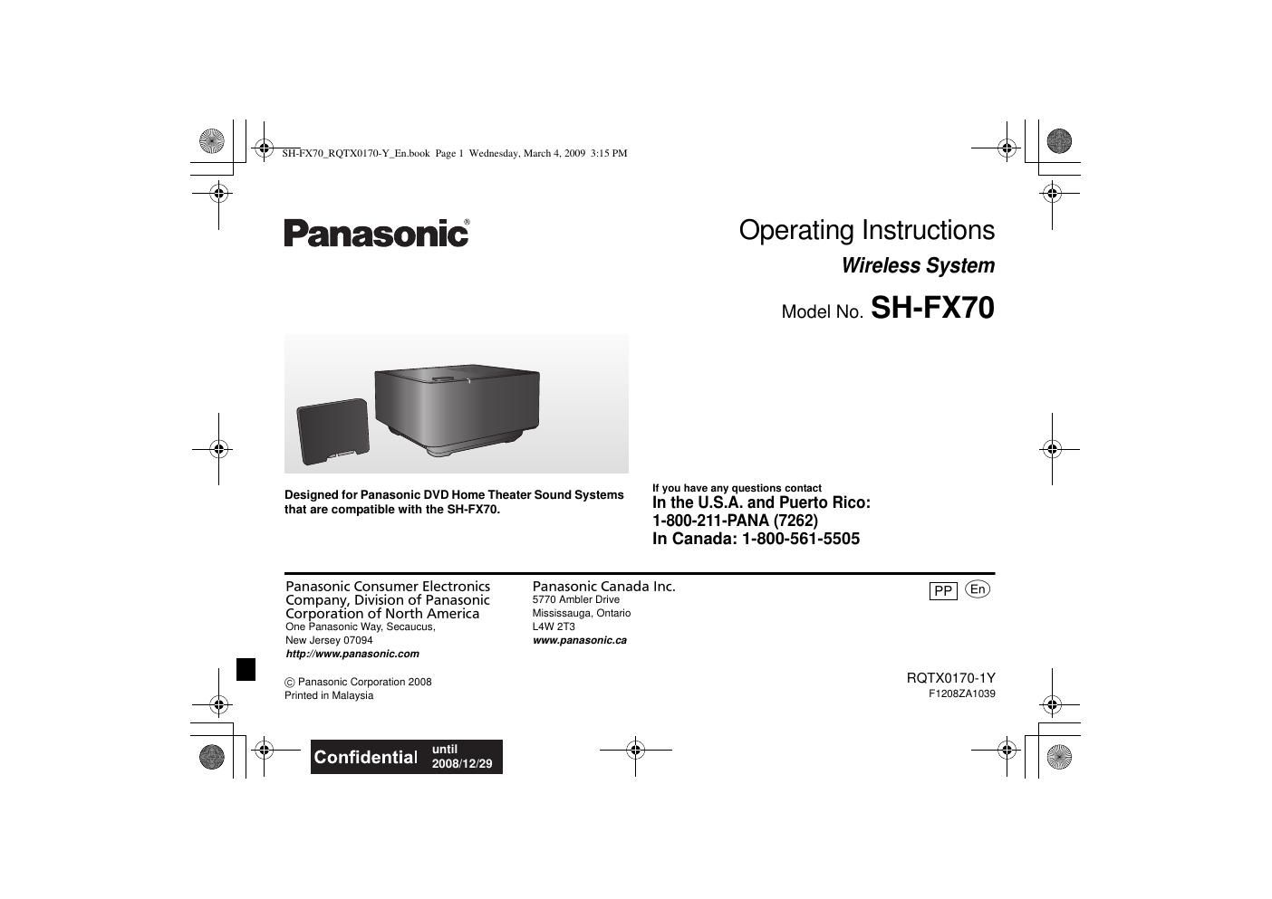 panasonic sh fx 70 owners manual