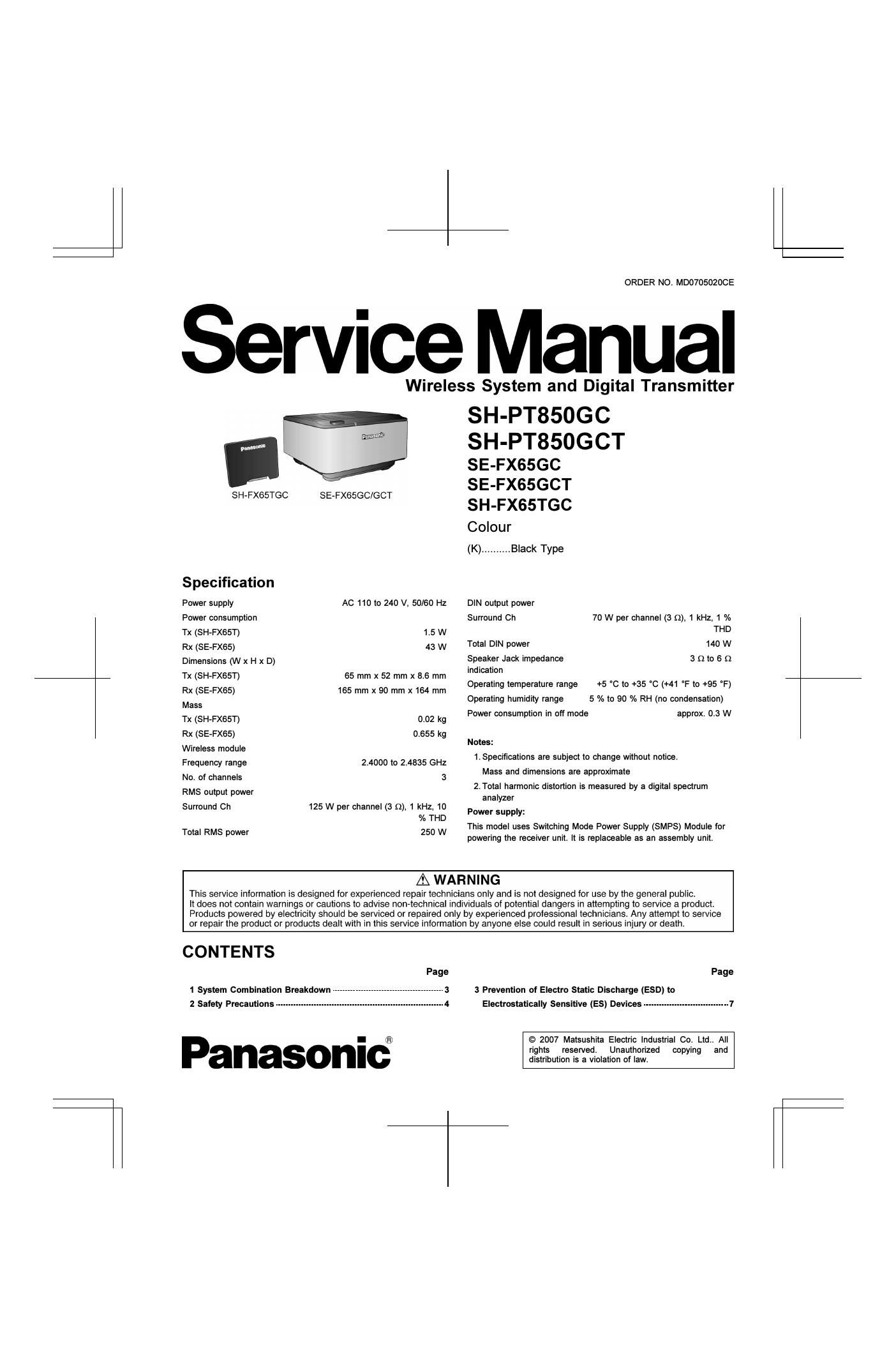 panasonic sh pt 850 gct service manual