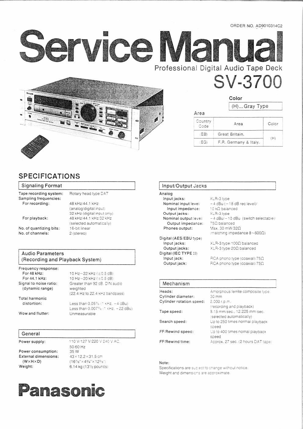 panasonic sv 3700 service manual