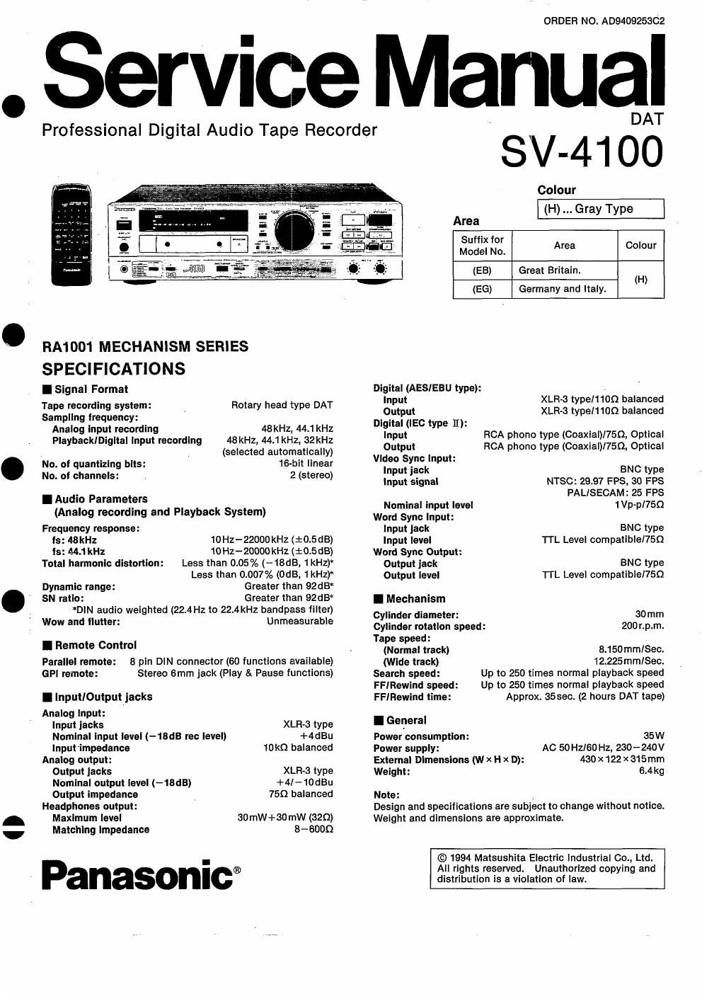 panasonic sv 4100 service manual