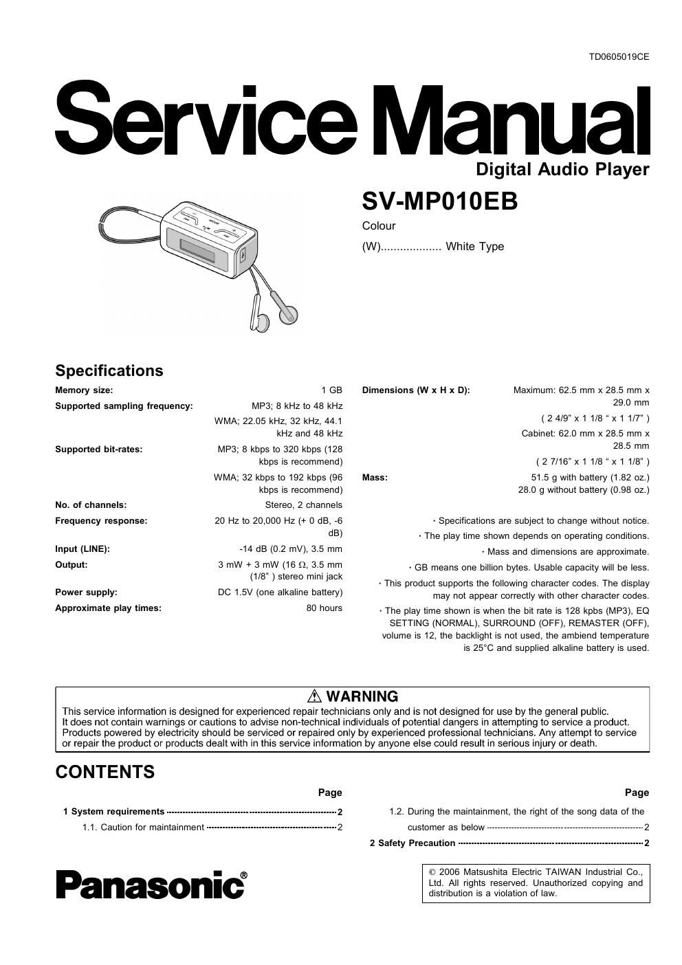 panasonic sv mp 010 eb service manual