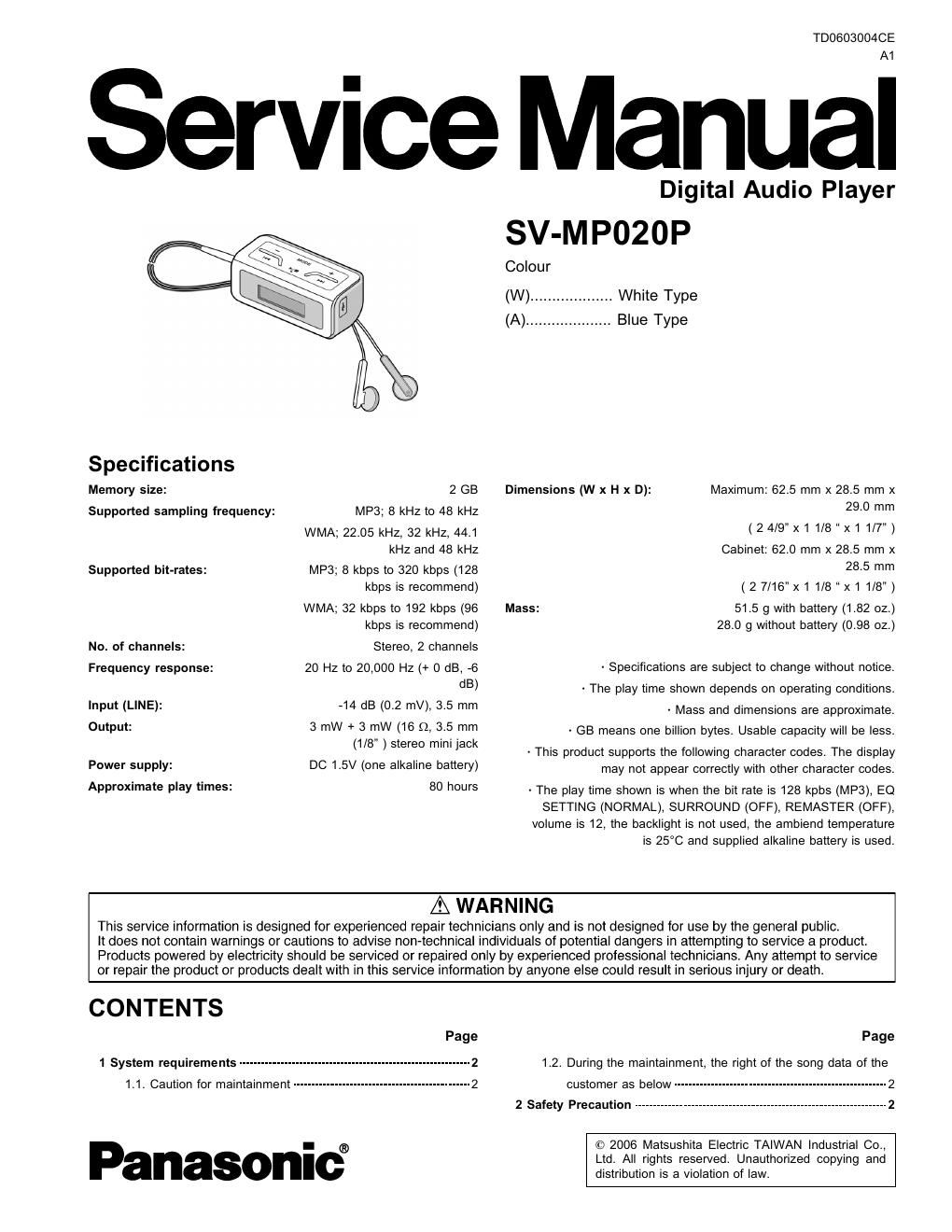 panasonic sv mp 020 p service manual