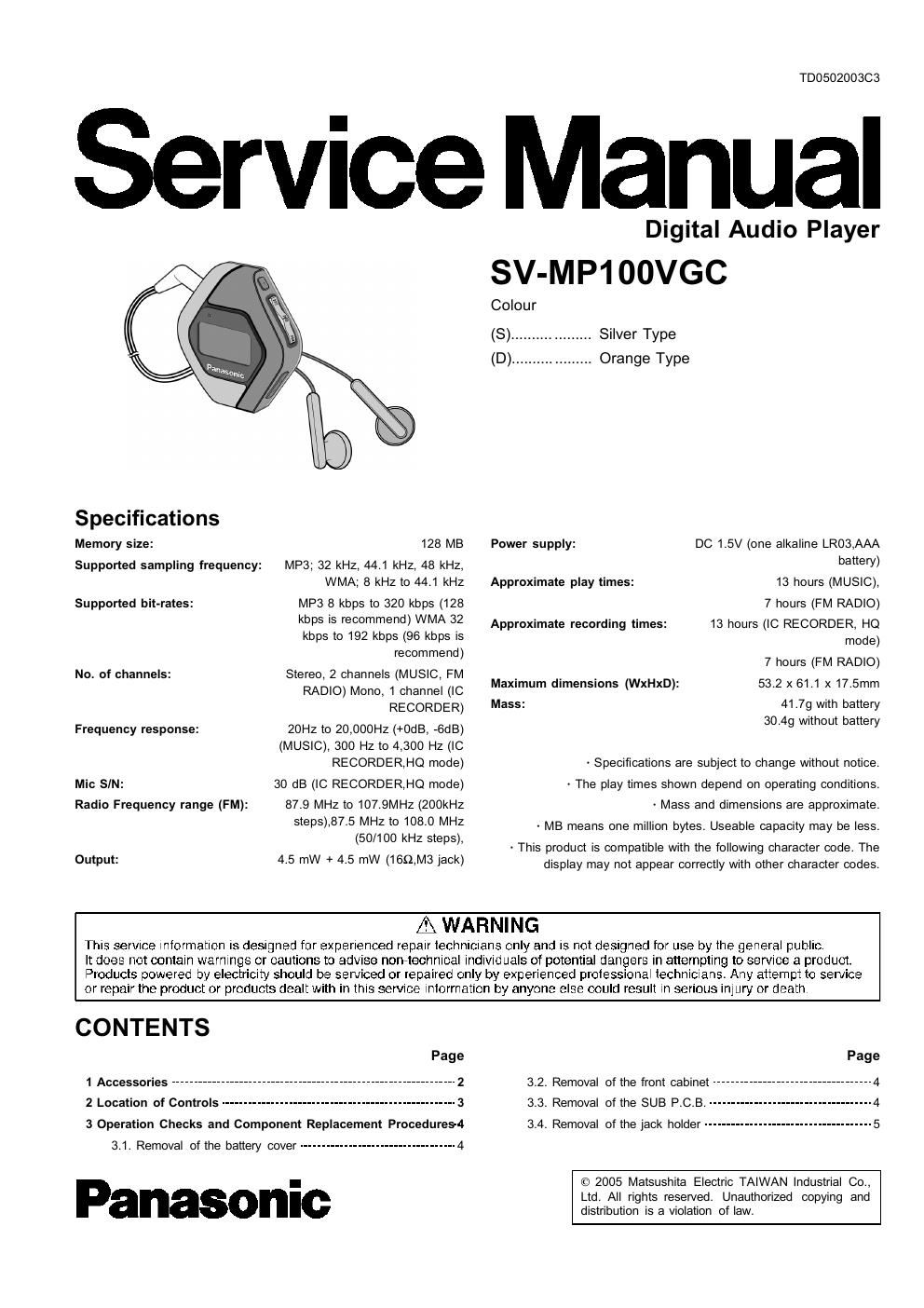 panasonic sv mp 100 vgc service manual