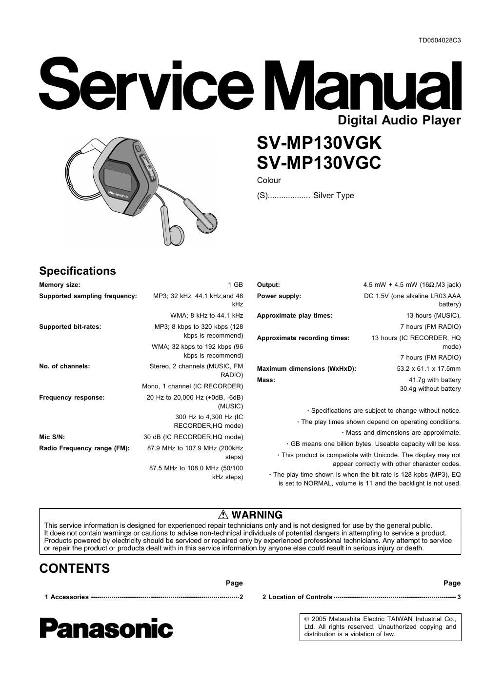 panasonic sv mp 130 vgk service manual
