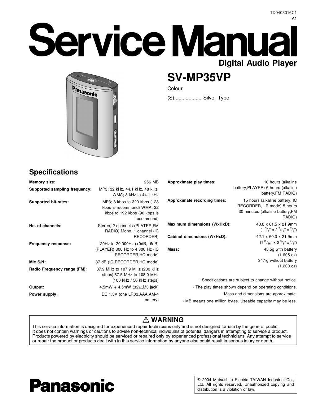 panasonic sv mp 35 mp service manual