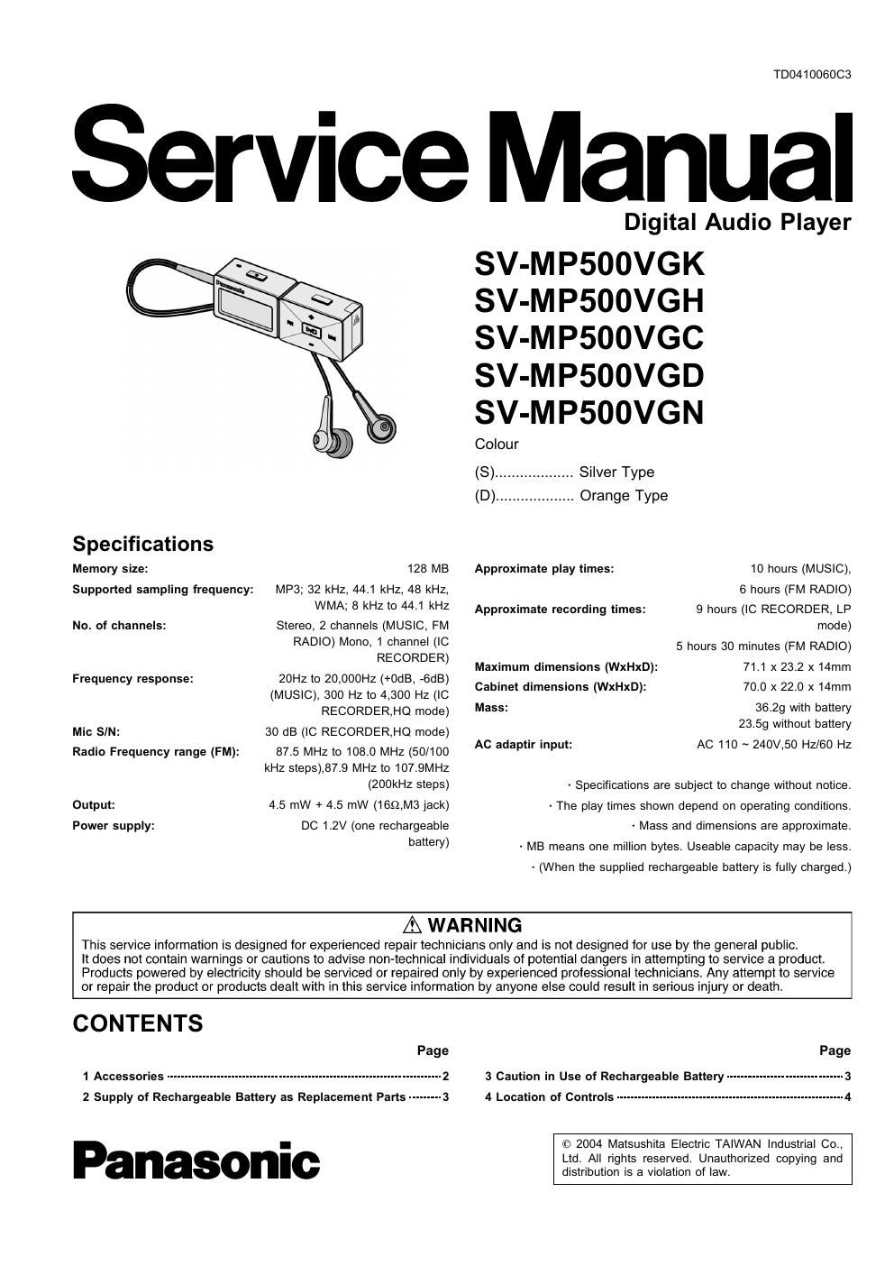 panasonic sv mp 500 vgc service manual