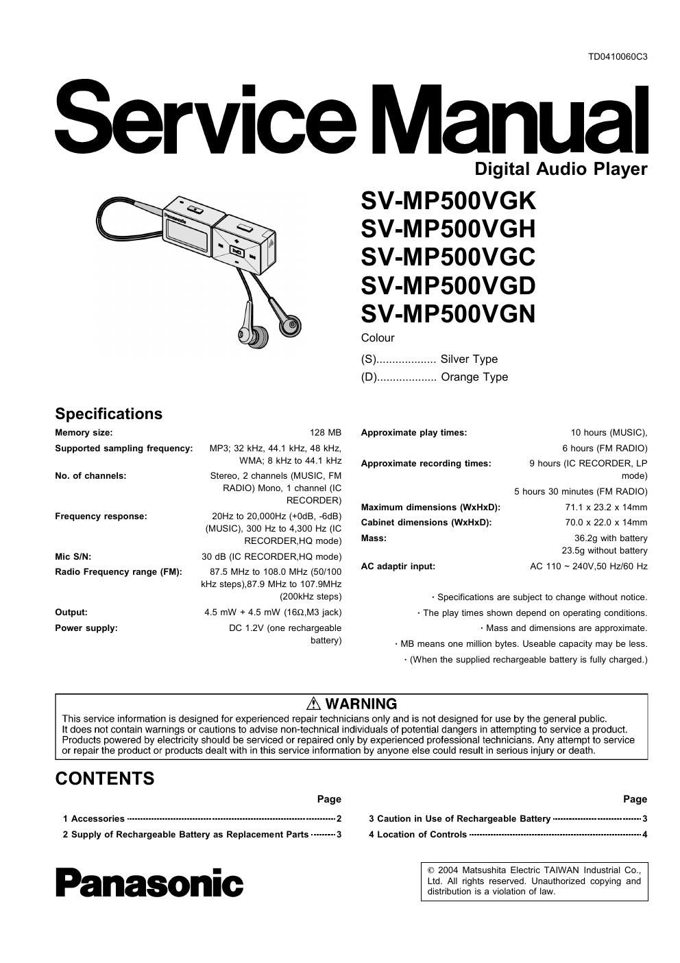 panasonic sv mp 500 vgc service manual