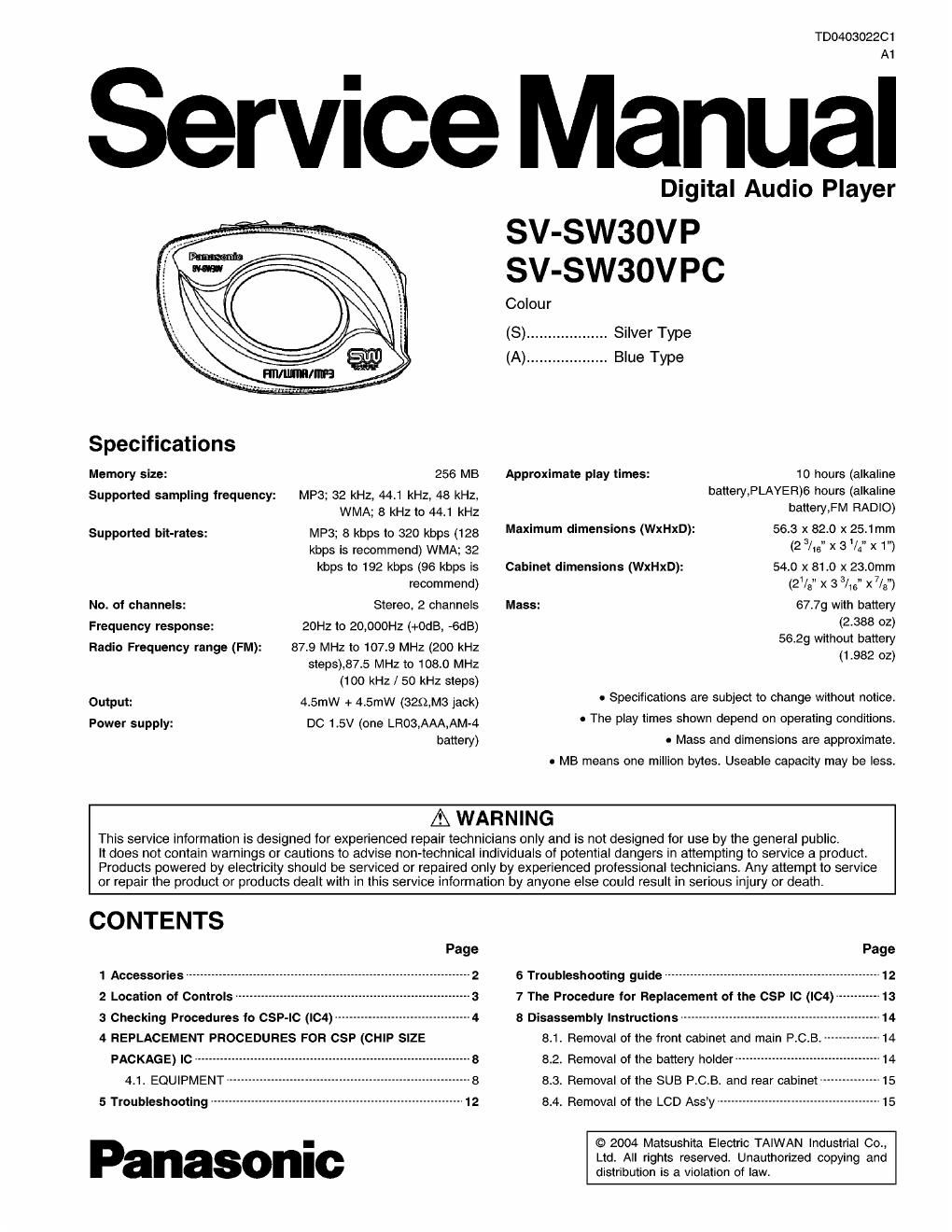 panasonic sv sw 30 vp service manual