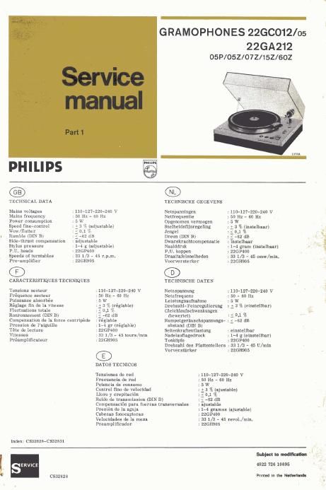 philips 22 ga 212 turntable service manual