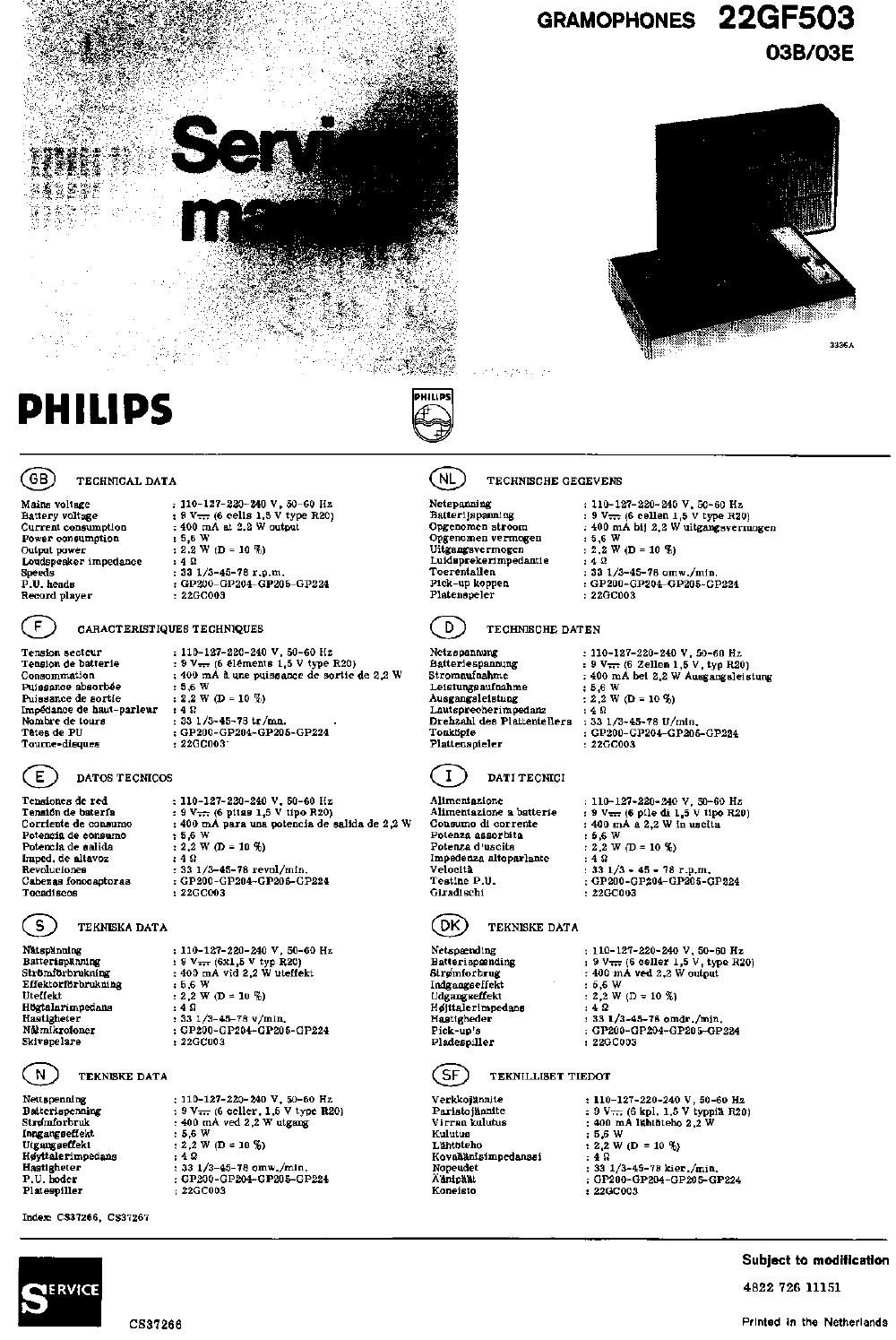 philips 22 gf 503 service manual