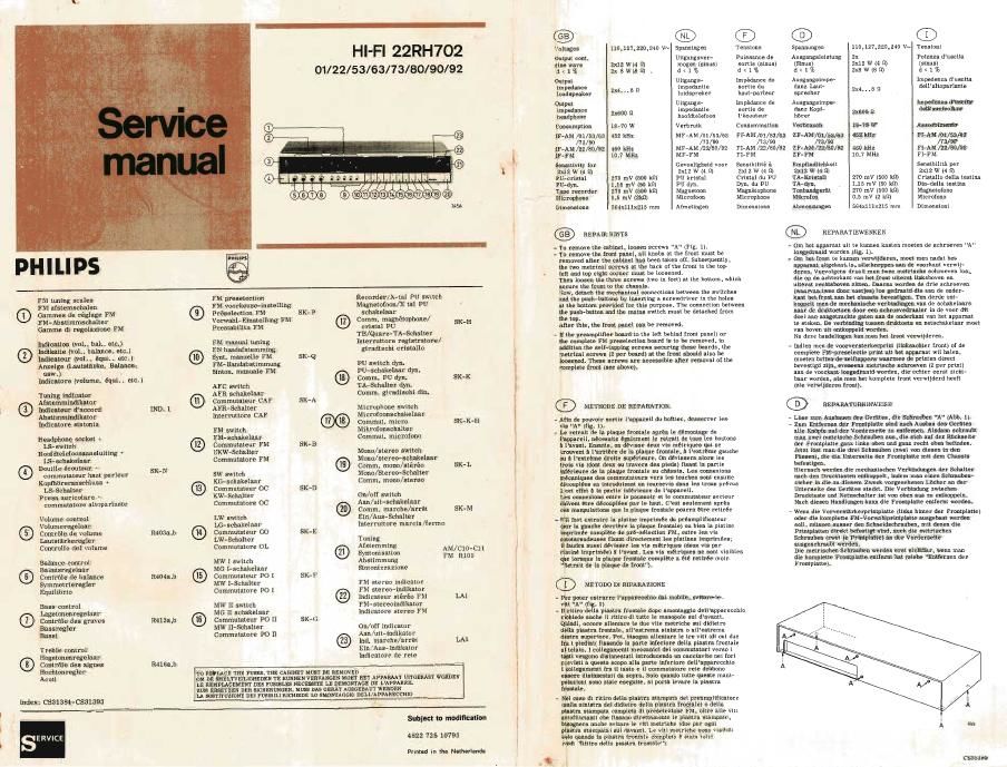 philips 22 rh 702 service manual