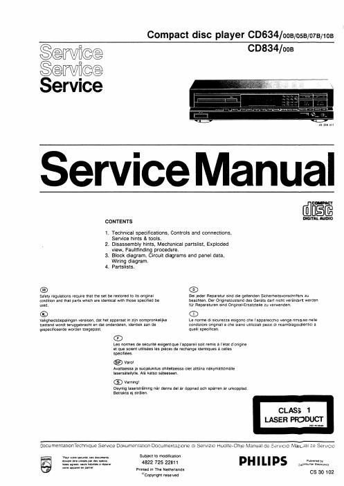 philips cd 634 834 service manual