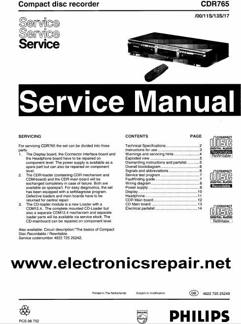 philips cdr 765 service manual
